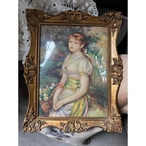 Vintage Pierre AugusteRenoir Young Girl With Basket Of Flowers Print gold frame